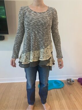 Gray Knit Tunic with Cream Lace & Layered Hem